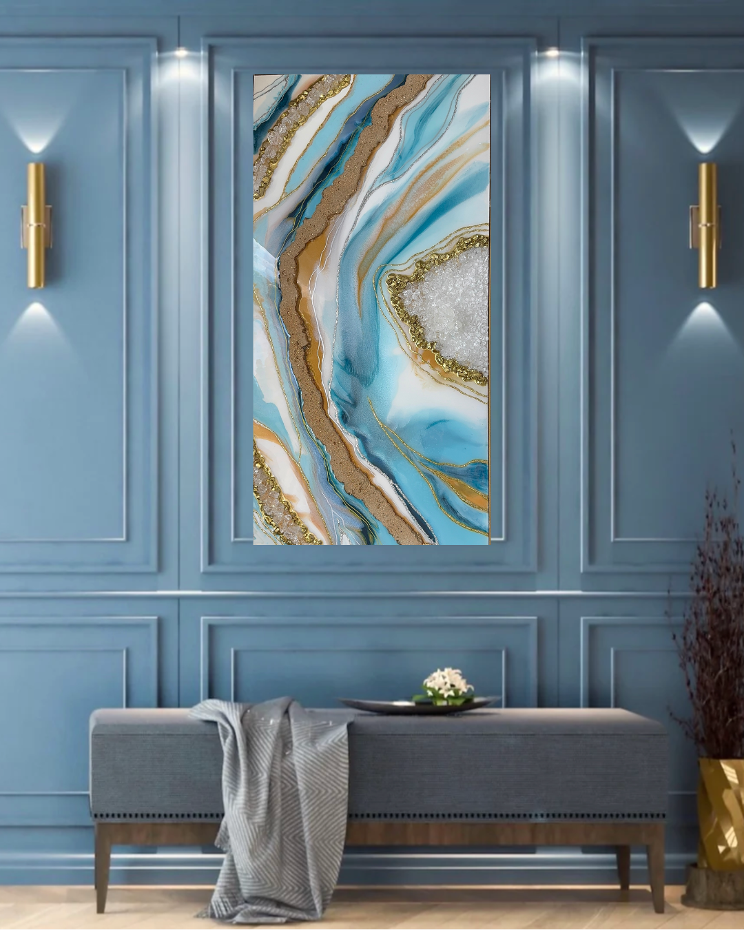 Tableau géode bleu et or